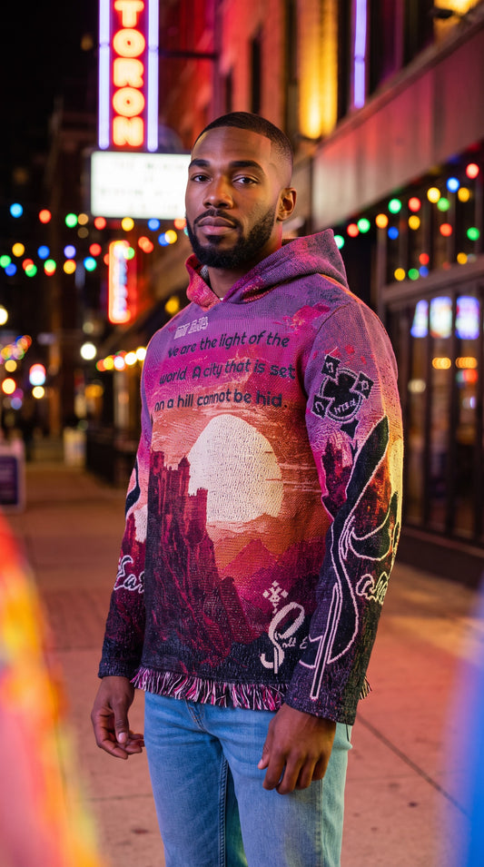 A man wearing a Salt of the Earth Clothing tapestry hoodie with a sunset landscape, castle, and inspirational text.